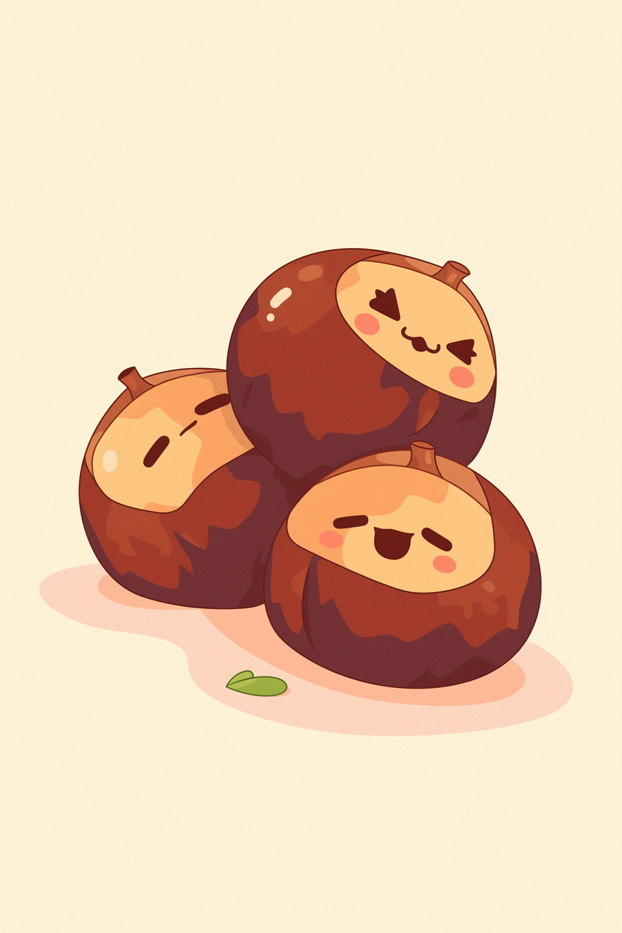 thanksgiving food drawing ideas featuring a cute illustration of roasted chestnuts with happy faces.